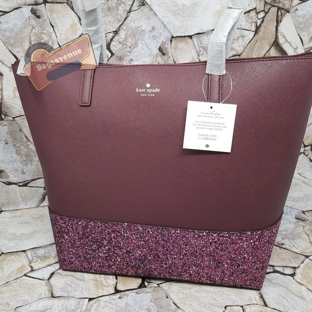 #bagsavenue Penny Greta Court Cherrywood Glitter Maroon Glitter Tote Kate Spade - Picture 1 of 14
